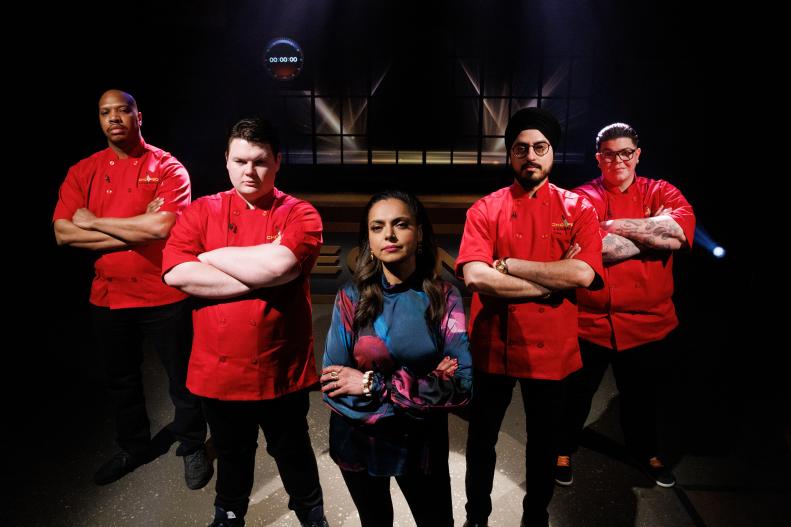 Judge Maneet Chauhan poses with her team of chefs, Christopher Walker, Peter McQuaid, Jassi Bindra and Britt Rescigno, as seen on Chopped: Legends, Season 59.