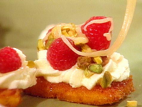 Sweet Polenta Crostini with Mascarpone, Raspberries, Pistachios, and Lavendar Honey