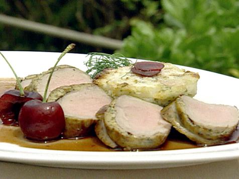 Herb Crusted Veal Tenderloin and Celery Root and Pear Sformato with Cherry Sauce