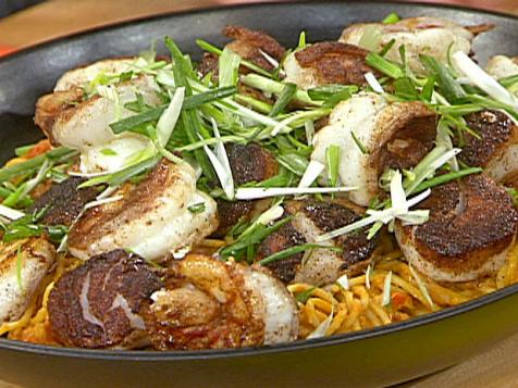 Pumpkin-Peanut Curry Noodles with Five-Spice Seared Scallops and Shrimp