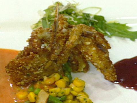 Soft Shell Crabs with Corn Relish, Field Greens and Roasted Red Pepper Sauce