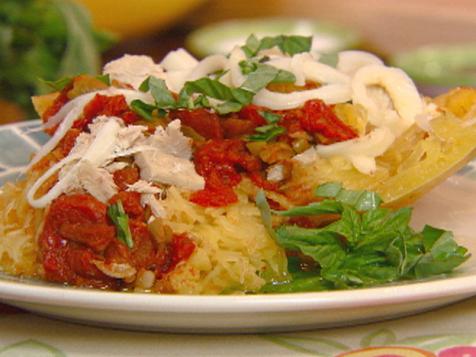 Stuffed Spaghetti Squash with Tomatoes, Olives, Tuna and String Cheese