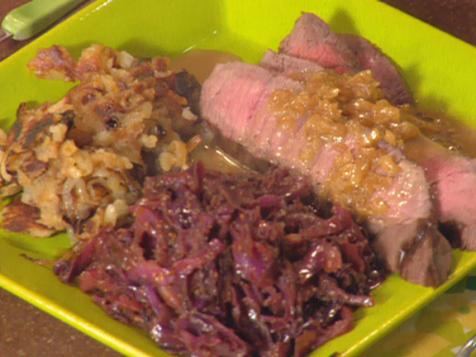 Sliced Steaks with Sauerbraten, Onion Hash Browns, Spiced Red Cabbage