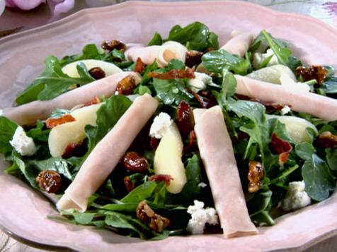 Smoked Turkey and Pear Salad with Pomegranate Vinaigrette and Prosciutto Croutons