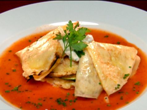 Roasted-Vegetable Filled Crepes with Red Pepper Coulis