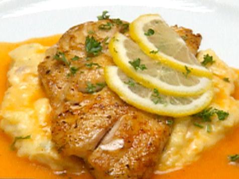 Cajun Snapper and Shrimp over Bacon Cheddar Cheese Grits with Red Pepper Coulis