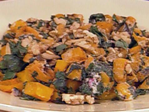 Roasted Butternut Squash with Beet Greens, Goat Cheese, Toasted Walnuts and Mint