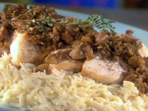 Pan-Seared Chicken with Porcini-Chestnut Sauce with Steamed Spinach and Orzo