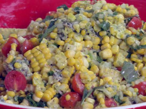 Grilled Corn and Tomato-Sweet Onion Salad with Fresh Basil Dressing and Crumbled Blue Cheese