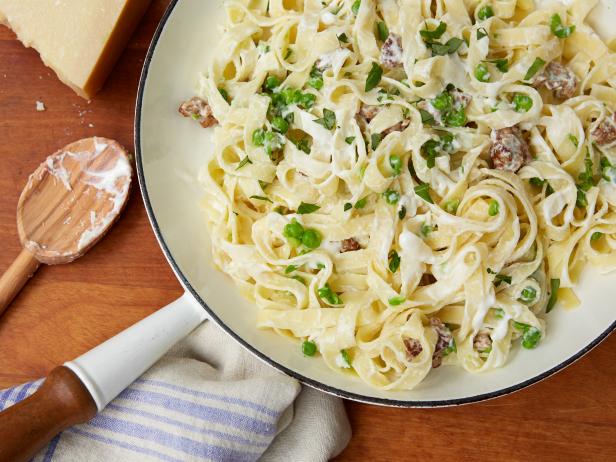Tagliatelle with Smashed Peas, Sausage and Ricotta Cheese