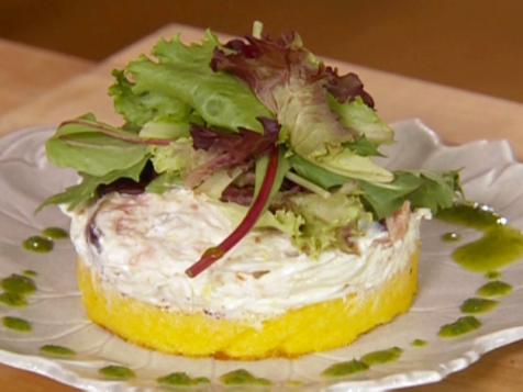 Grilled Orange Polenta topped with Crabmeat Salad and Herb Oil