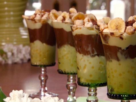 Mixed Pudding Parfaits with Banana Chips and Chocolate Curls