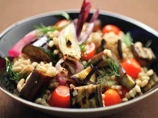 Farro Salad With Grilled Eggplant, Tomato and Onion