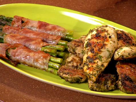 Lemon-Garlic-Herb Chicken with Grilled Prosciutto Wrapped Asparagus and Pesto 3 Bean Salad