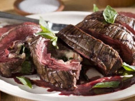 Red Wine Marinated Flank Steak Filled with Prosciutto, Fontina and Basil with Cabernet-Shallot Reduction