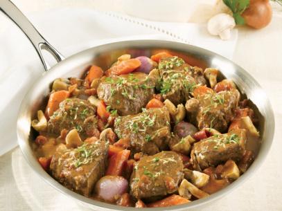 Braised Beef with Mushrooms, Onions and carrots in a skillet