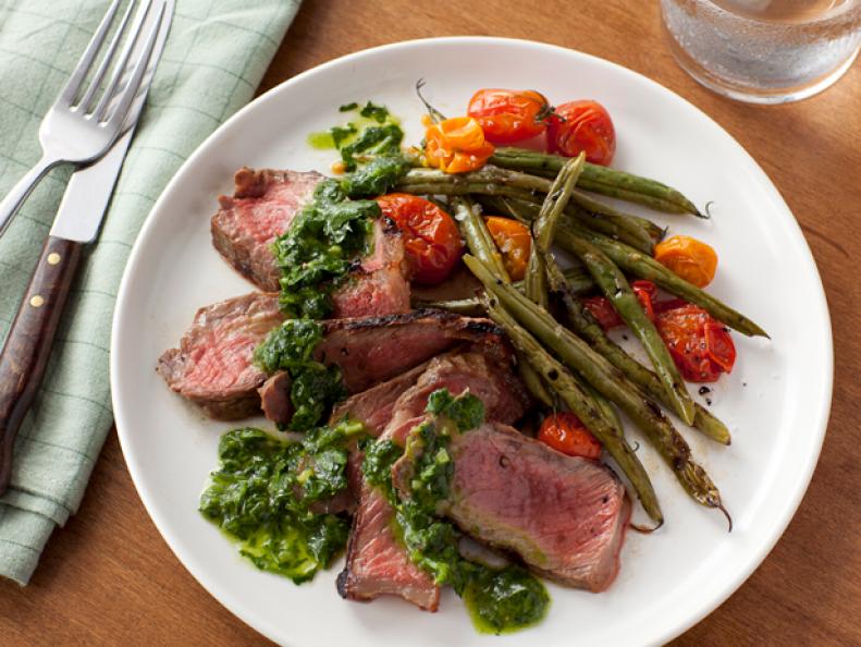 Grilled Steak with Green Beans, Tomatoes, and Chimichurri