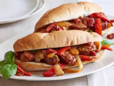 Giada De Laurentiis combines Italian Sausage, Peppers and Onions for a tasty Italian-style sandwich, from Everyday Italian on Food Network.