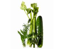 Various green vegetables against a white background
