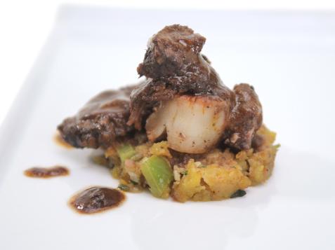 Braised Short Ribs with Seared Scallop on Mofongo Cake