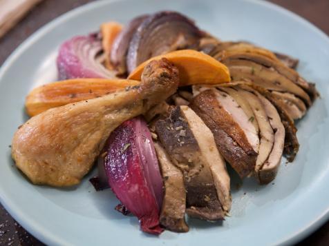 Marinated Portobello Stuffed Whole Chicken with Roasted Sweet Potatoes and Red Onion