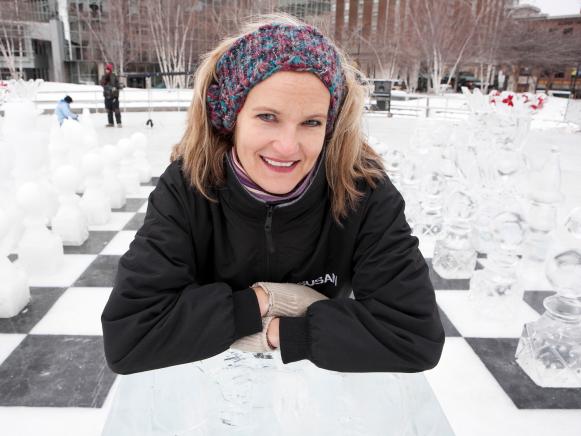 GRAND RAPIDS , MICHIGAN, JANUARY 11, 2011 :  SUSAN WALTERS standing on the giant ice-chessboard. ICE BRIGADE follows former chef Randy Finch and his team of renegade ice artists as they blow the lid off ice sculpting by creating original, unique designs that defy the imagination. (Photo by Jean-Marc Giboux/ Getty Images for Food network)