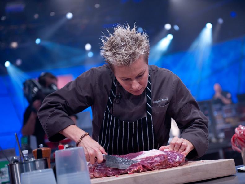 Rival-Chef Elizabeth Falkner in a head-to-head battle against Rival-Chef Geoffrey Zakarian in Episode 8 Finale Battle "Holiday Extravaganza" as seen on Food Network Next Iron Chef Season 4.