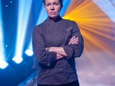 Rival-Chef Elizabeth Falkner entering Kitchen Stadium for her head-to-head battle against Rival-Chef Geoffrey Zakarian in Episode 8 Finale Battle "Holiday Extravaganza" as seen on Food Network Next Iron Chef Season 4.