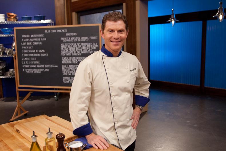 Worst Cooks In America  Blue Team Leader Bobby Flay with the recipe for his Blue Corn Pancakes with Whipped Orange Honey Butter, Cinnamon Maple Syrup and Canadian Bacon for the "Back to Basics Breakfast"  challenge as seen on Food Network's Worst Cooks in America, Season 3.