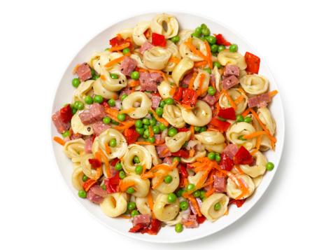 Pasta Salad With Salami, Carrots, Peas and Roasted Red Peppers