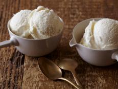 The secret to Alton Brown's Serious Vanilla Ice Cream recipe from Good Eats on Food Network: two tablespoons of peach preserves and a whole vanilla bean.