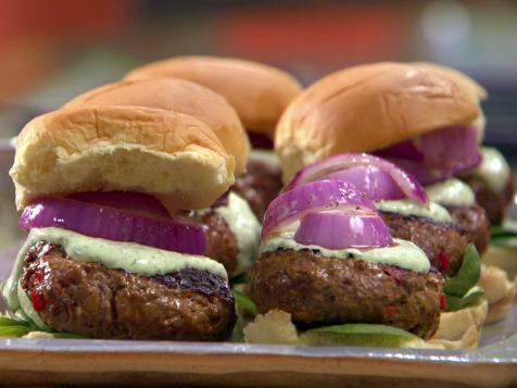 Indian Lamb Burgers with Green Raita Sauce and Red Onions