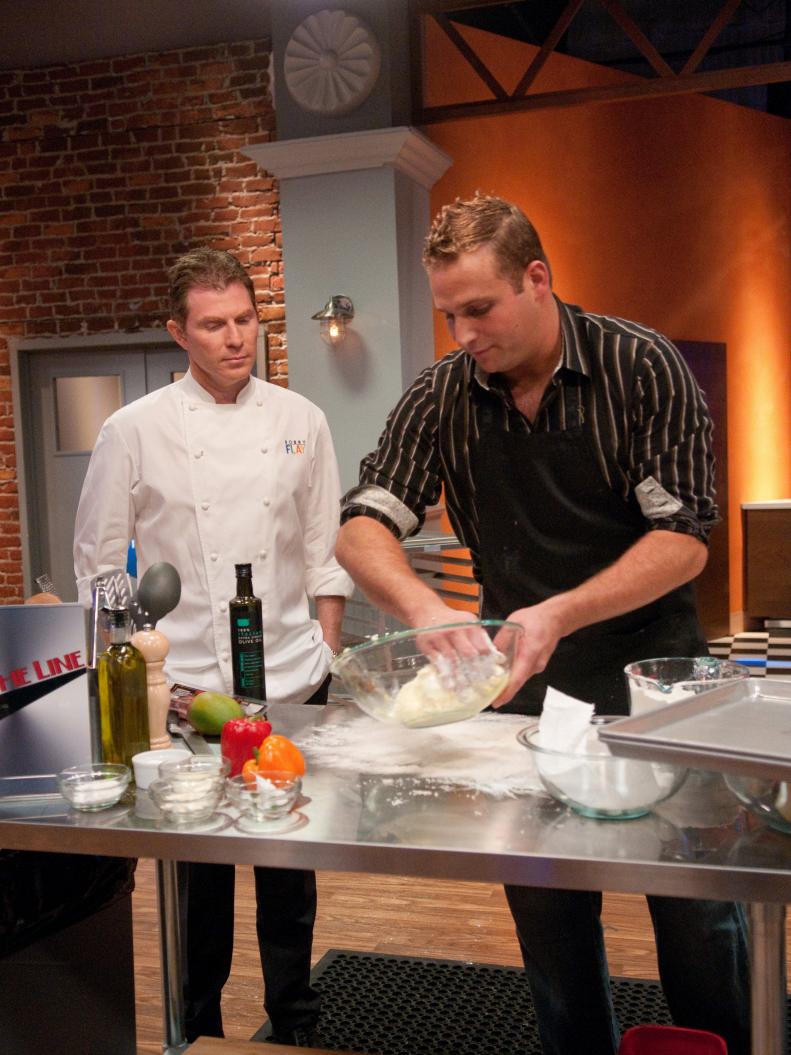 FNS7 Episode 7 Bobby Flay of Selection Committee checking in on Finalist Chris Nirschel cooking for Camera Challenge.