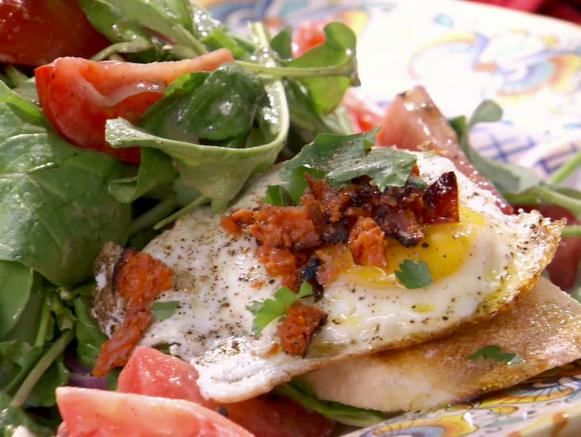 Tomato, Red Onion and Rocket Salad with Fried Egg, Grilled Chorizo and Grilled Provoleto Crostini Recipe