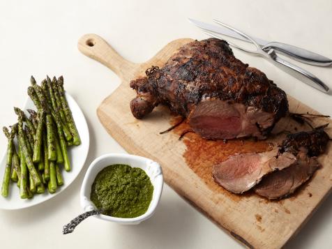 Grilled Marinated Leg of Lamb with Asparagus and Mint Chimichurri