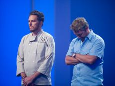 Rival Chef Spike Mendelsohn revealed safe and Rival Chef Time Love is eliminated from the Secret Ingredient Showdown "Pineapples" as seen on Food Network's Next Iron Chef, Redemption, Season 5.