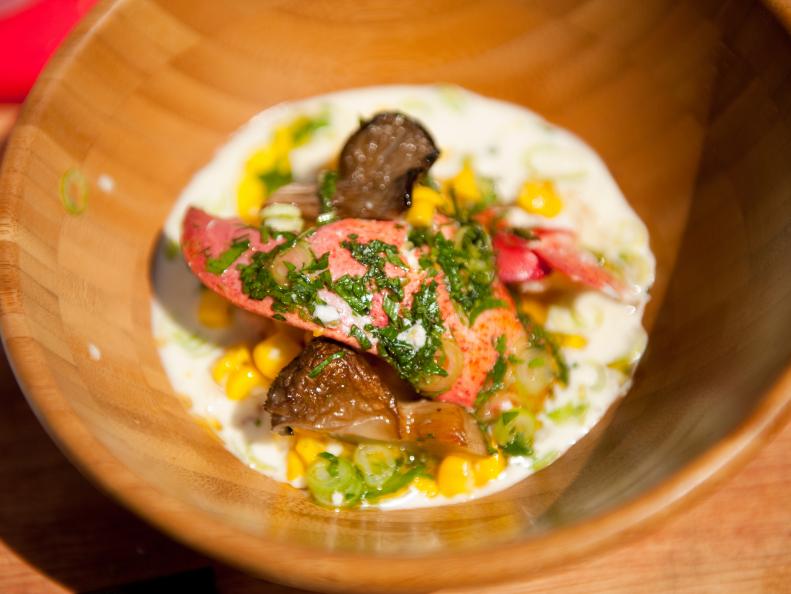 Rival Chef Alex Guarnaschelli's "Lobster w/ Corn, Oyster Mushrooms, Ginger & Lime" dish Beauty for the Chairman's Challenge "Resourcefulness" as seen on Food Network's Next Iron Chef, Redemption, Season 5.