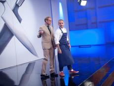 Host Alton Brown waiting to start cooking time for Rival Chef Nate Appleman for the Chairman's Challenge "Risk" as seen on Food Network’s Season 5.
