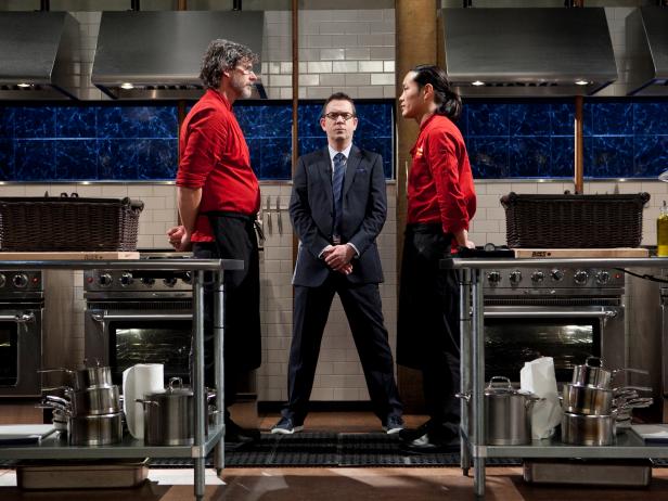 Chefs Rob Evans and Jun Tanaka With Chopped Host Ted Allen