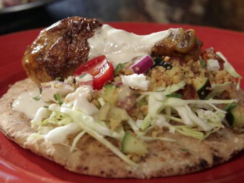 Moroccan Chicken with Shredded Cabbage and Tahini Sauce on Pita