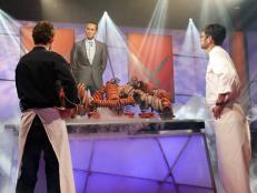 Iron Chef Bobby Flay and Chef Chris Hastings compete in Battle Sausage in Kitchen Stadium.  From Iron Chef America Season 10.