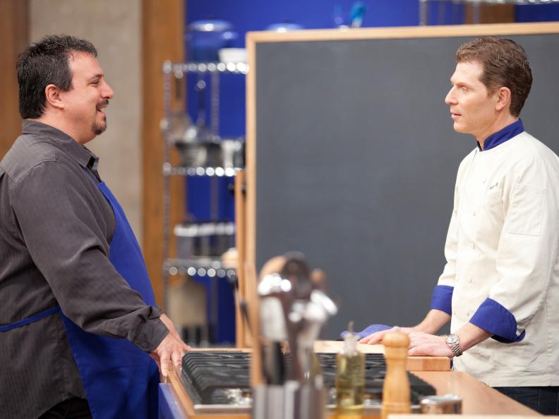Chef Bobby Flay works with finalist Vinnie Caligiuri to create a personalized menu for his final restaurant challenge in the Themes/Building Blocks as seen on Food Network's Worst Cooks in America, Season 3.