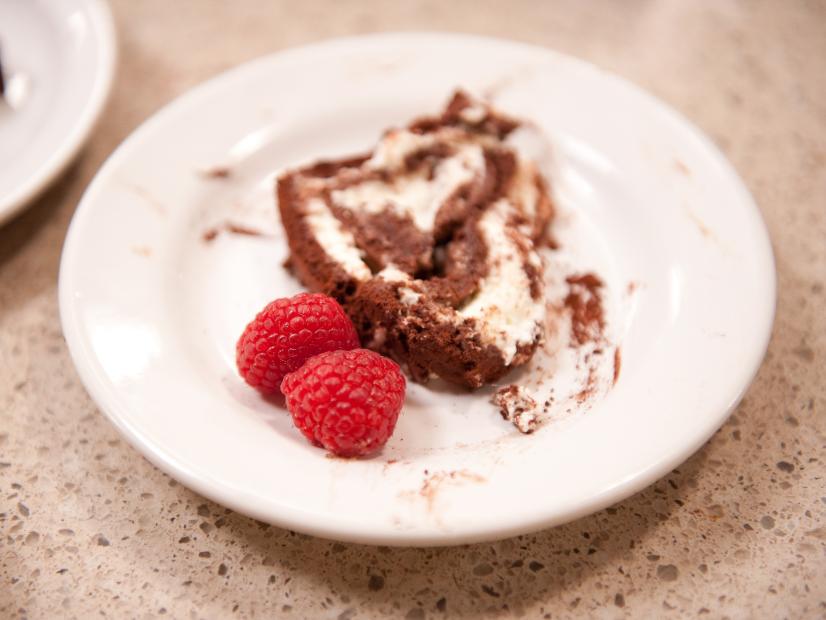 Team Alton's Contestant Martie Duncan's "Chocolate Souffle Roulade with Jack Daniels Sauce" dish for the Star Challenge "Meet the Press" as seen on Food Network Star, Season 8.