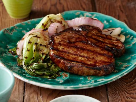 Grilled Korean-Style BBQ Glazed Pork Chops with Red Onions and Baby Bok Choy