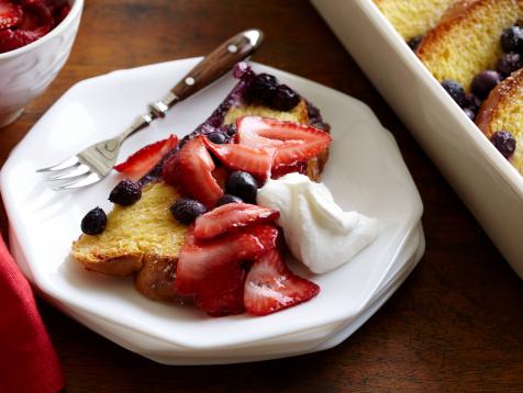 Blueberry French Toast Casserole with Whipped Cream and Strawberries