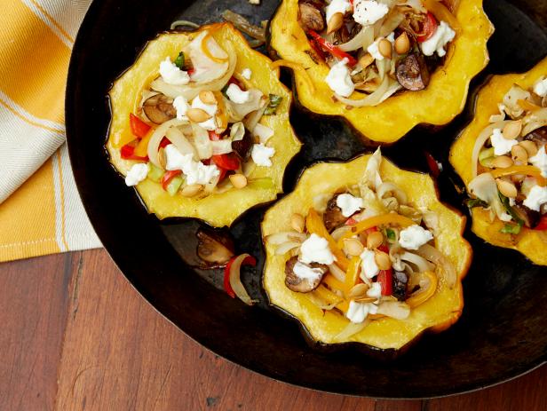 Roasted Acorn Squash with Mushrooms, Peppers and Goat Cheese