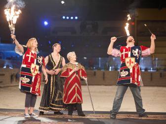 On location at Medieval Times Rachael Ray's team (left to right) Judy Gold, Jake Pavelka, Florence Henderson, and Penn Jullette introduce their dish to the judges and put on a skit, as seen on Food Network’s “Rachael vs. Guy Celebrity Cook-off.”