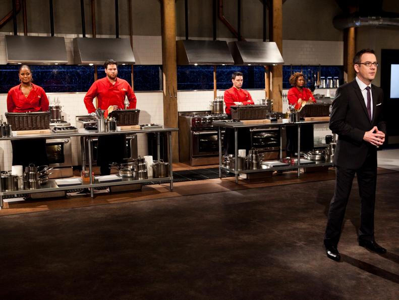 Host Ted Allen introduces the All-Star Chefs: Laila Ali, Scott Conant, Gavin Kaysen and Sunny Anderson,as seen on Food Network's Chopped All-Stars, Season 14.