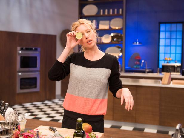 Finalist Danushka Lysek cooking for the Mentor's Challenge "Mystery Bag" as seen on Food Network Star, Season 9.