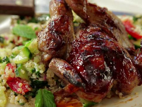 Grilled Quail with Pomegranate-Orange BBQ Sauce and Tabouli with Quinoa and Shredded Kale